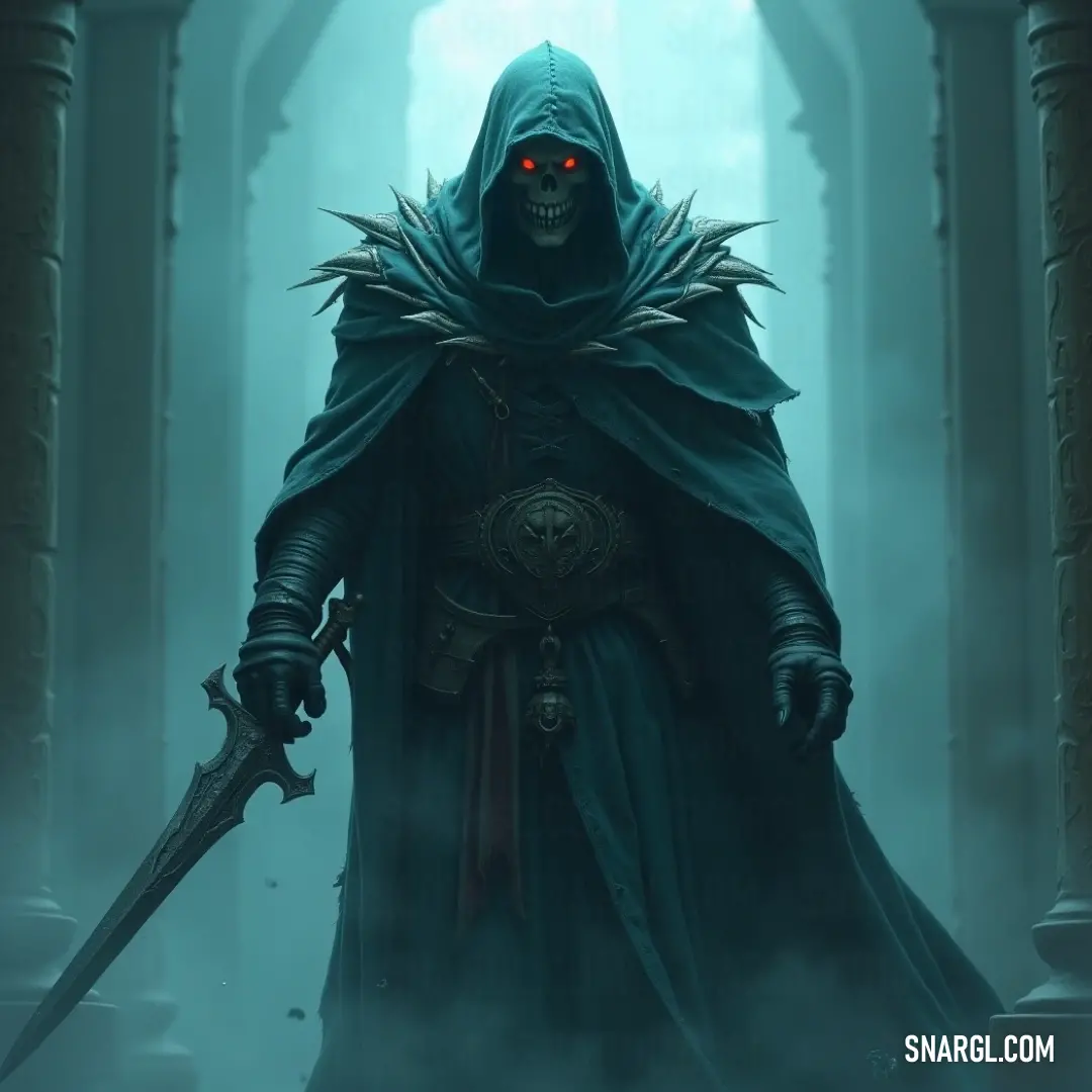 A hooded figure stands in a foggy area, gripping a sword. Ancient columns rise in the mist behind them, and the faint shadows suggest an eerie, forgotten place. The figure’s determined stance contrasts with the ethereal environment.