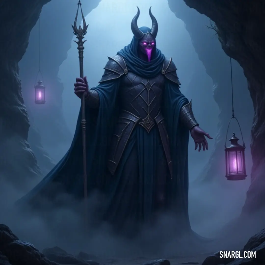 A horned figure holds a staff, surrounded by ancient cave walls with lanterns hanging from the ceiling. The soft, flickering light from the lanterns contrasts with the deep shadows, adding a sense of mysticism and adventure to the scene.