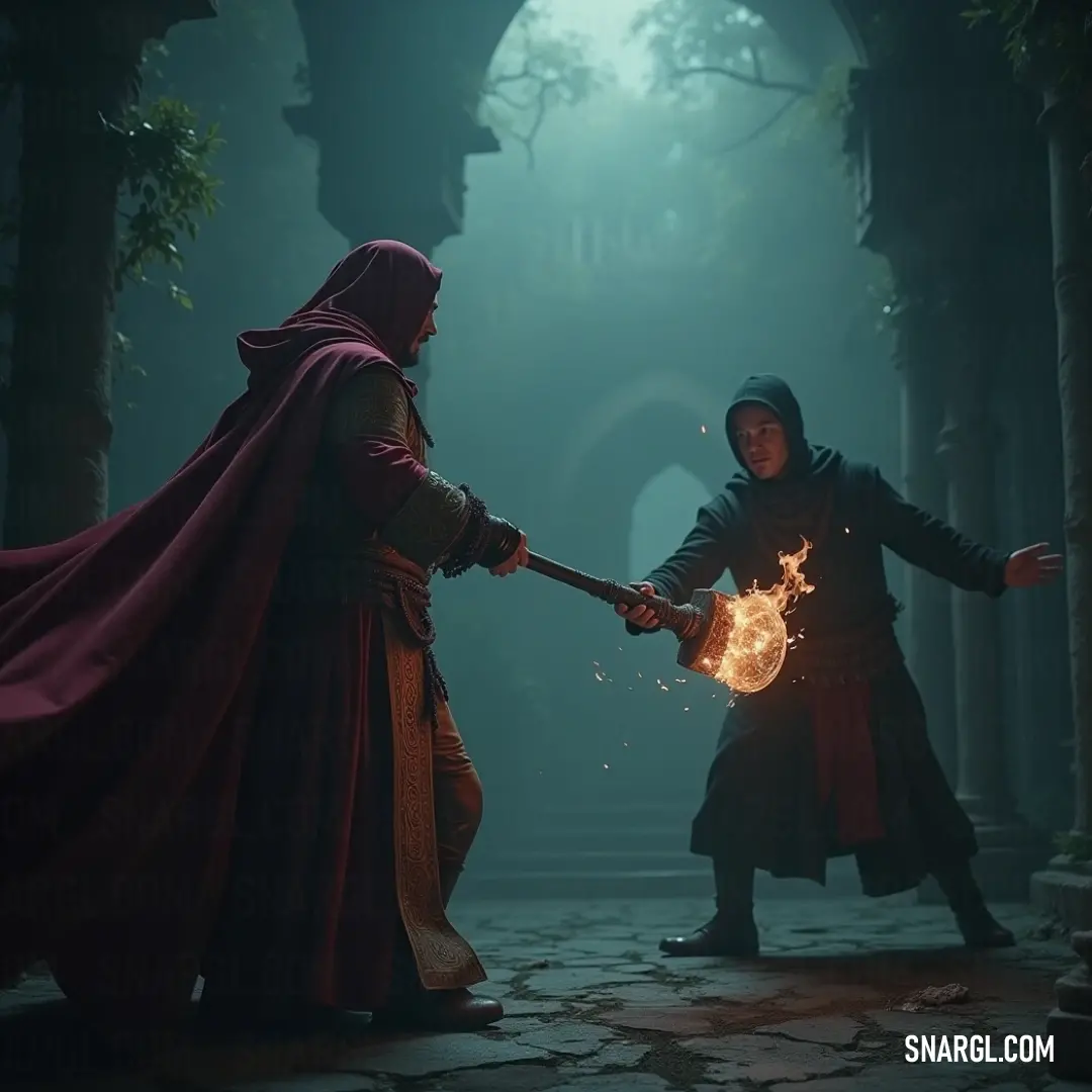 A dramatic scene unfolds as a man draped in a striking red cloak, holding a flickering fire stick, stands with a mysterious woman in a dark forest. Shadows caress their forms, enhancing the atmosphere of suspense and intrigue within the woods.