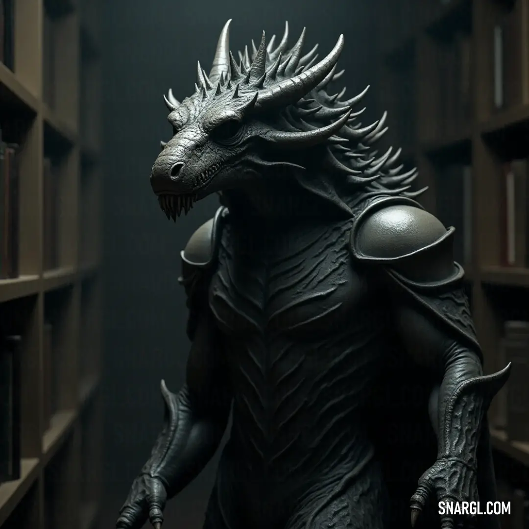 A majestic statue of a mythical creature stands watch in a library filled with towering bookshelves, its features highlighted by soft light, inspiring a sense of wisdom and wonder within the storied walls.