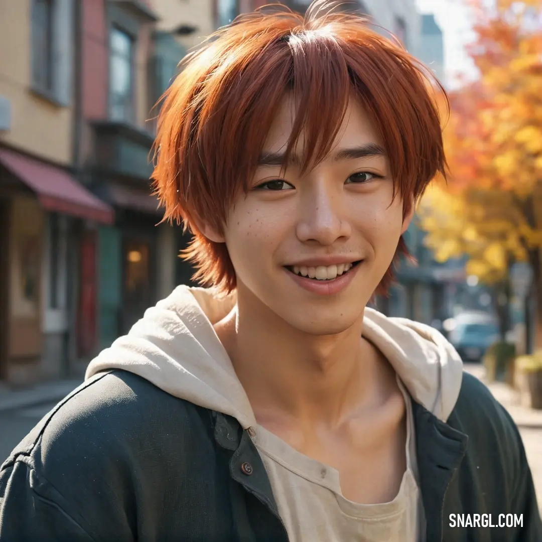 Young man with red hair and a hoodie on a street corner smiling at the camera with buildings in the background