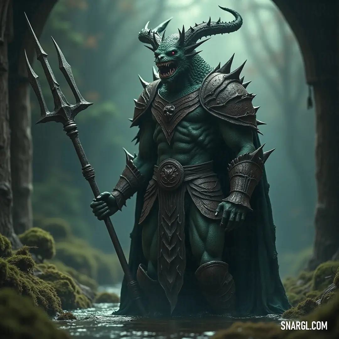 A formidable creature with horned features, holding a spear, presents an imposing presence amid moss-covered trees and rugged rocks in a dense forest. The interplay of shadows further accentuates this creature's mythical allure.