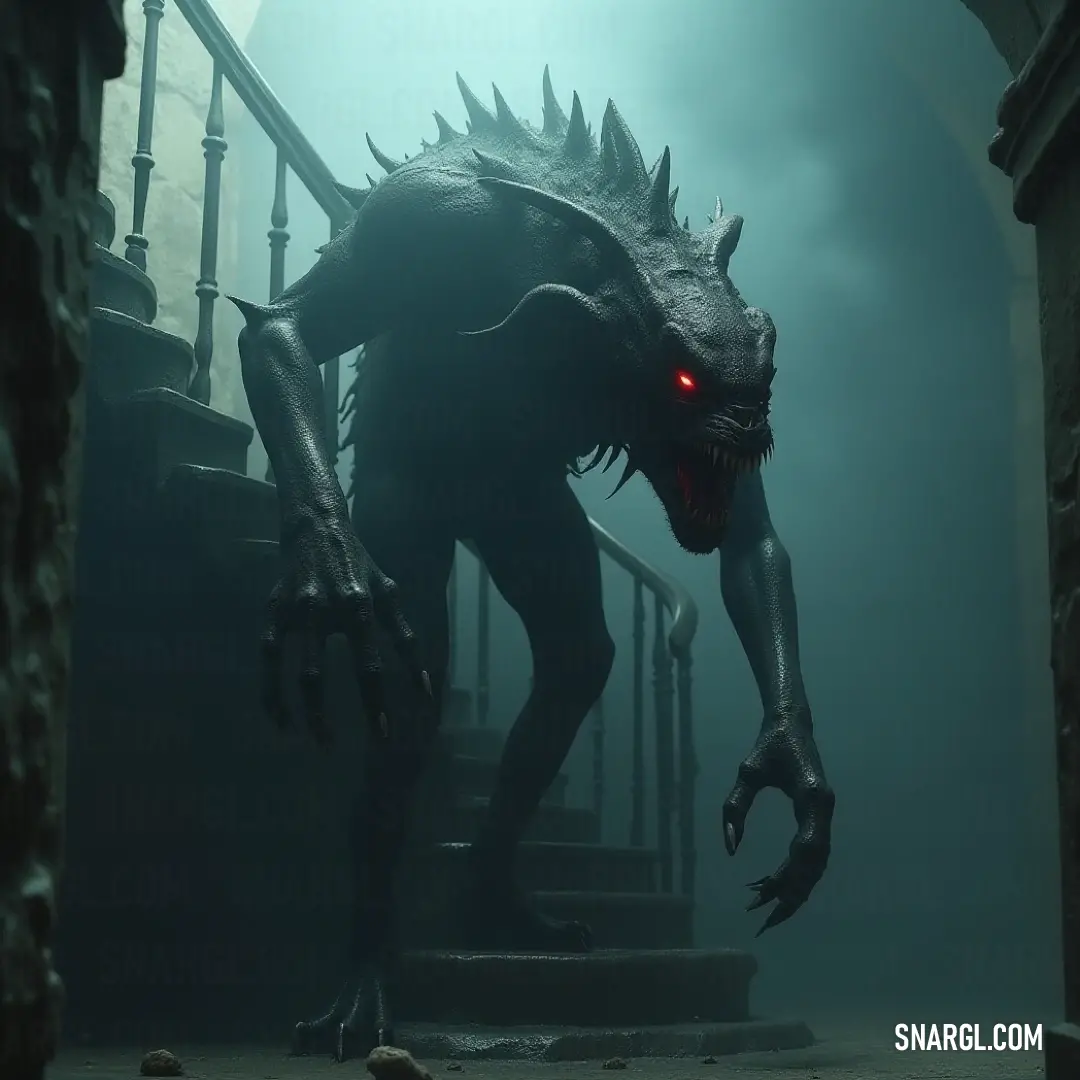 A mysterious creature with glowing red eyes ascends a haunting staircase in a dimly lit room shrouded in fog, adding an air of suspense and intrigue to its eerie surroundings.