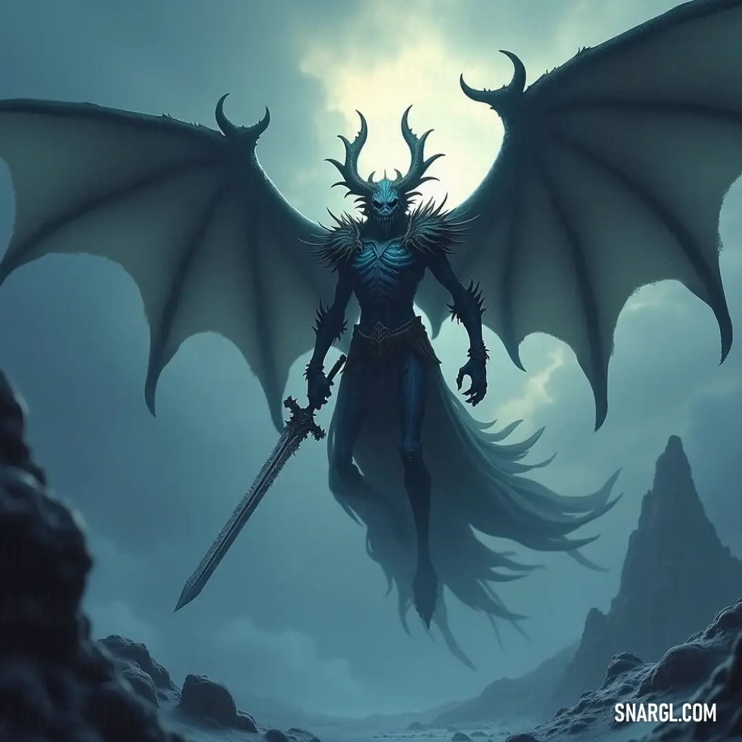 A demon, sword in hand, stands tall in a rocky terrain under a sky full of tumultuous clouds. The dark, stormy backdrop contrasts with the demon’s imposing figure, which exudes strength and menace.