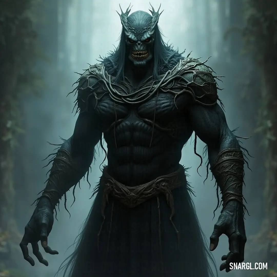 A demonic figure with glowing eyes and outstretched arms stands in a forest, surrounded by mist. The dark, haunting atmosphere is amplified by the figure’s powerful presence and the eerie silence of the forest.