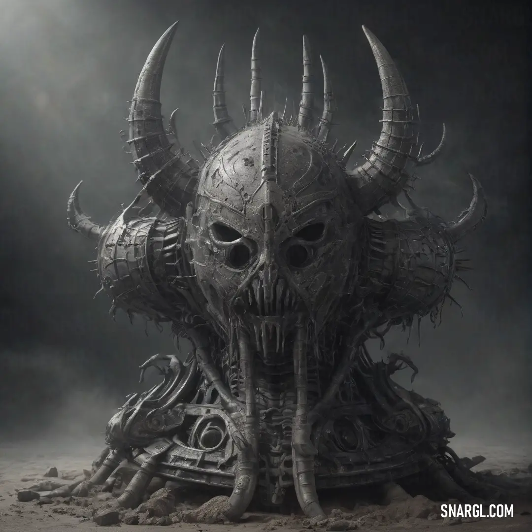 A towering, menacing skull with horns sits atop a pile of rubble, surrounded by darkness. The skull’s detailed features and the eerie atmosphere evoke a sense of mystery and foreboding, enhanced by the muted tones of the room.