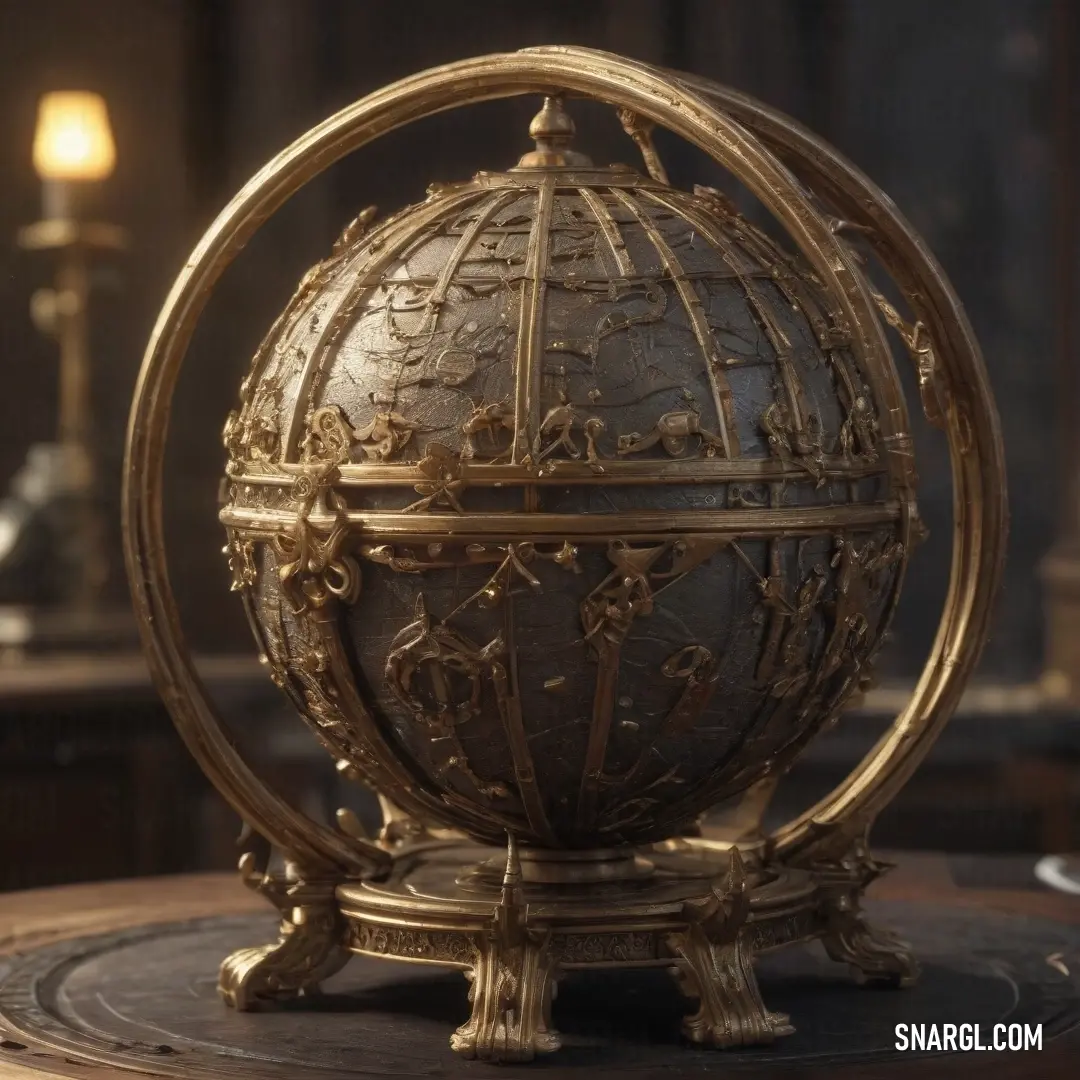 A golden globe sits gracefully on a table, with soft light spilling from a lamp in the background. The globe’s warm color contrasts beautifully with the room’s dim atmosphere.