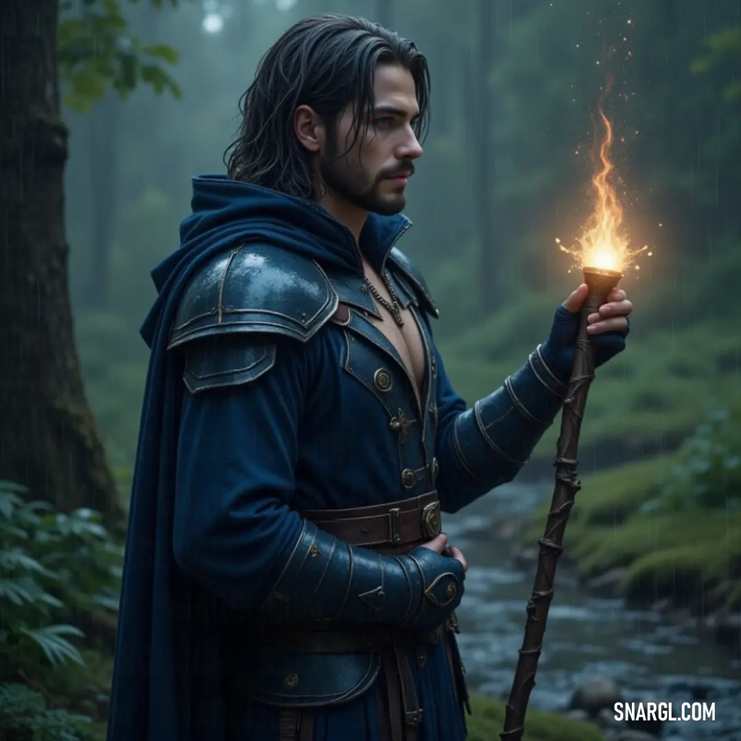 A rugged man clad in a striking blue outfit stands confidently amidst a dense forest, holding a fire stick, while a gentle stream weaves through the captivating landscape behind him.