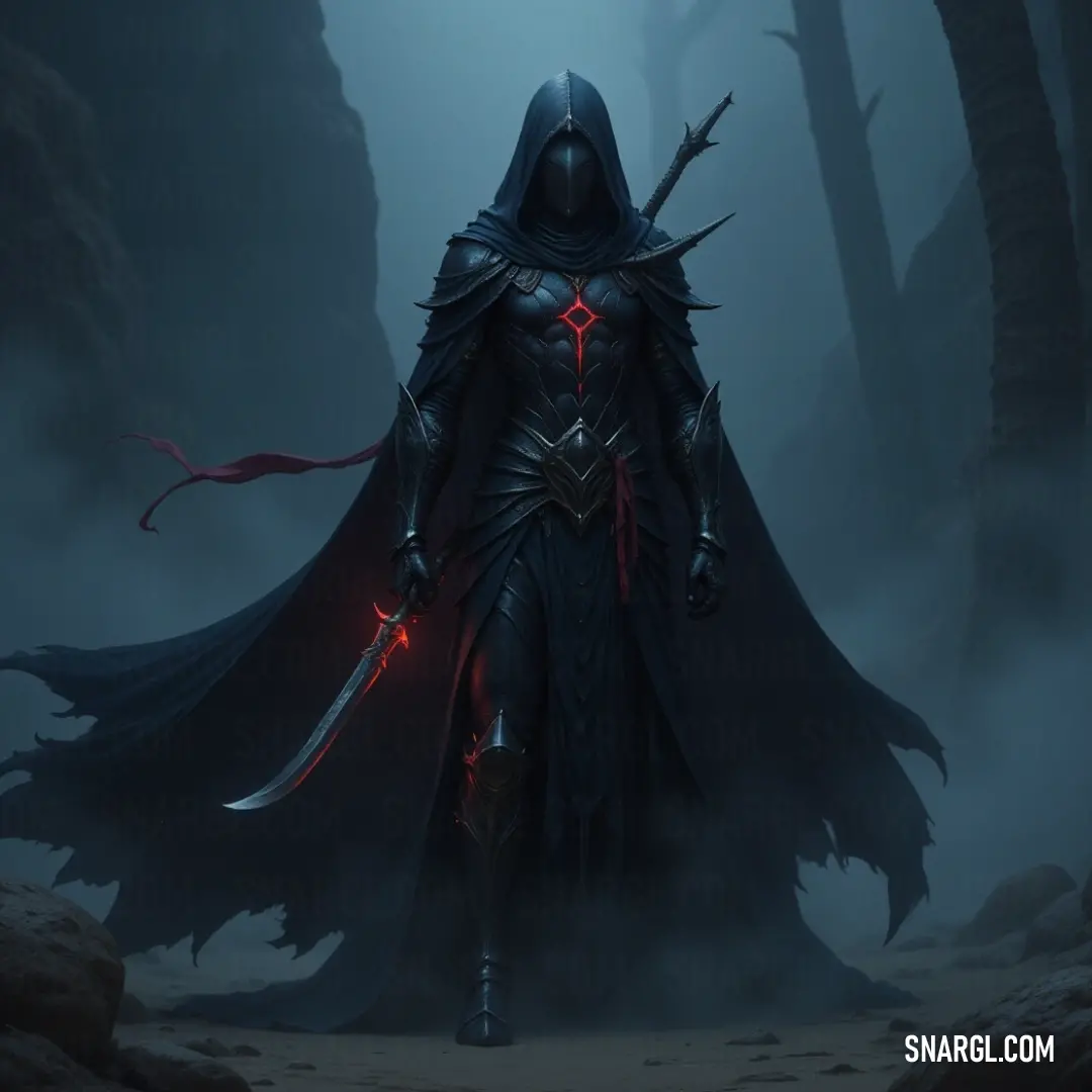 A mysterious figure cloaked in a hood stands poised in the depths of a foggy forest, gripping a sword in one hand. The ethereal atmosphere casts an intriguing light on the cloaked figure, suggesting a deeper connection to the supernatural.