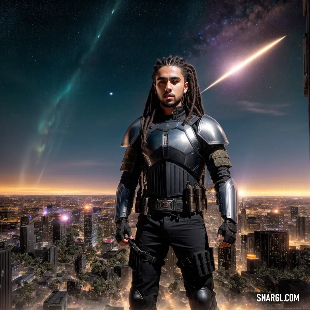 Man in a space suit standing in front of a city skyline with a rocket in the sky and a shooting star in the background