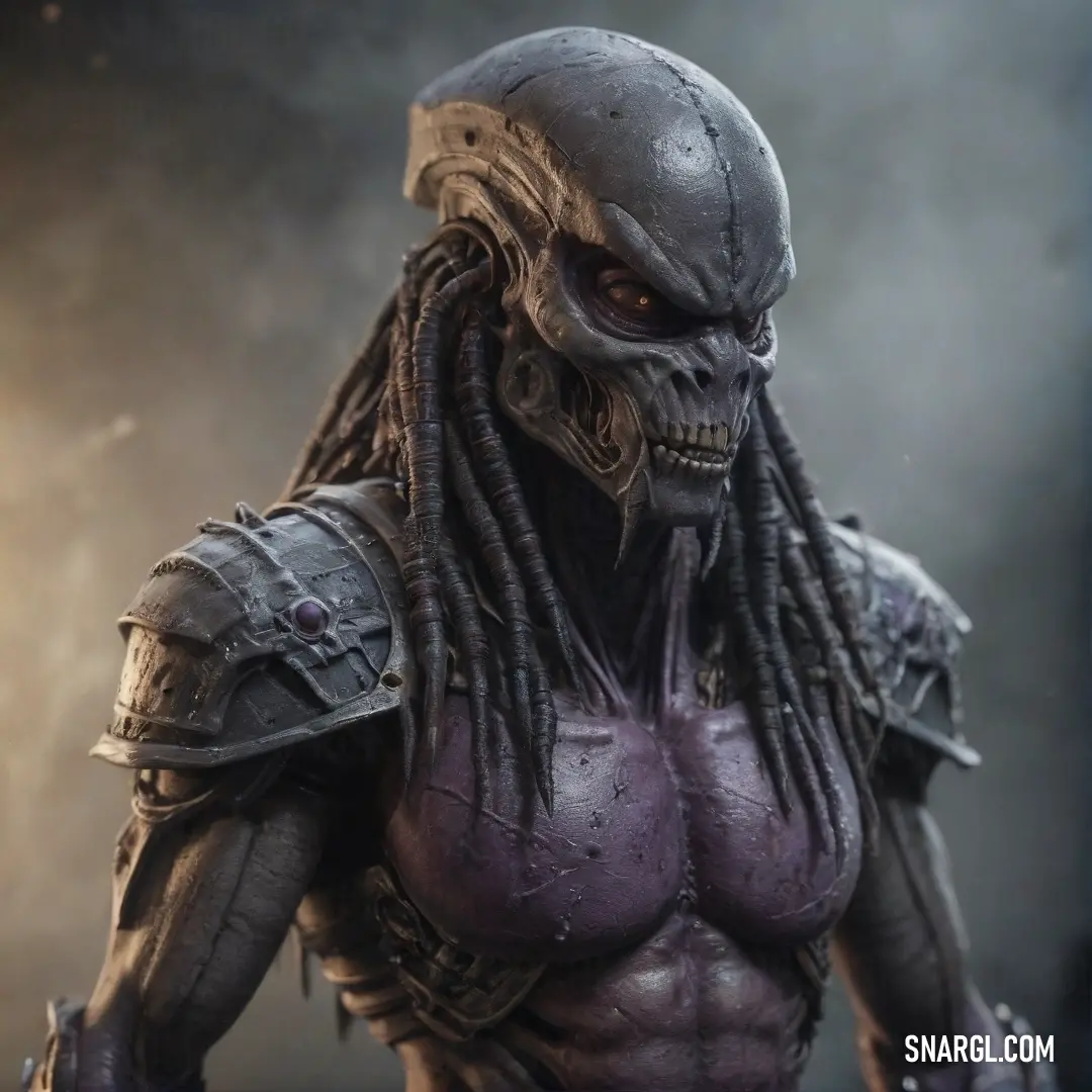 A fierce Predator character, with a helmet and dreadlocks, stands confidently in full costume. The deep charcoal shades of the costume add to its intimidating presence.