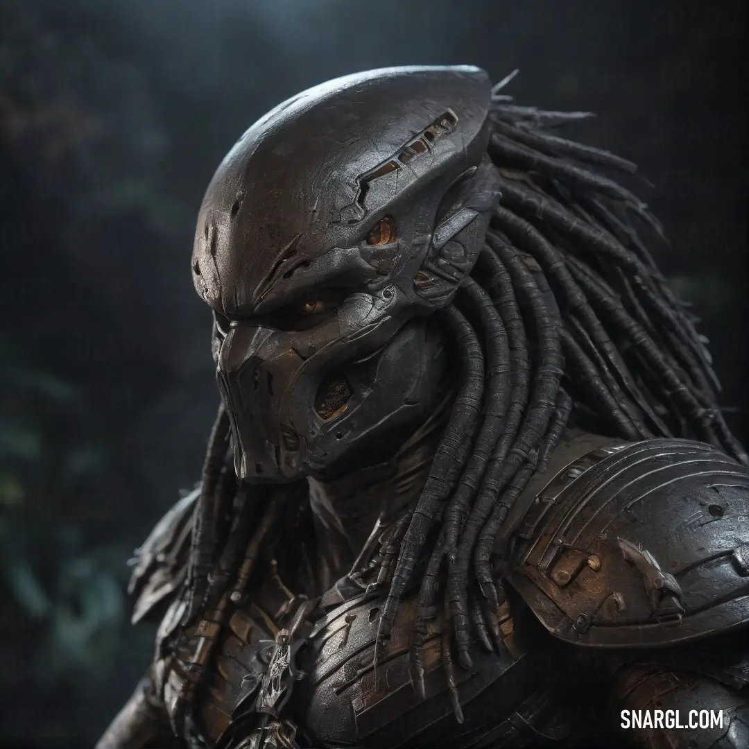 A Predator figure in a sleek suit, complete with dreadlocks and a helmet, stands tall. The dark, muted tones of his outfit and the mysterious aura of the scene highlight his formidable presence and futuristic appearance.