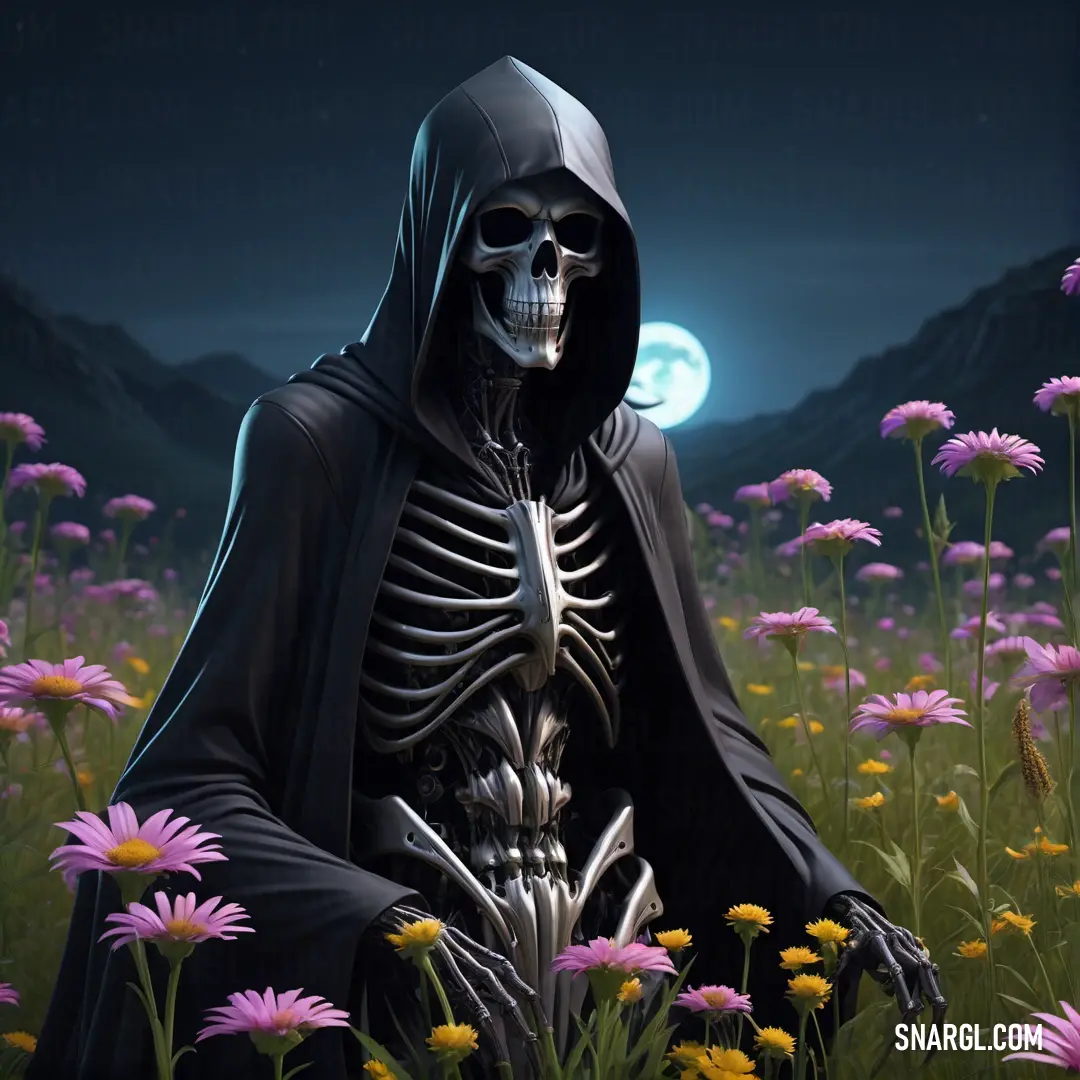 Skeleton in a field of flowers with a full moon in the background