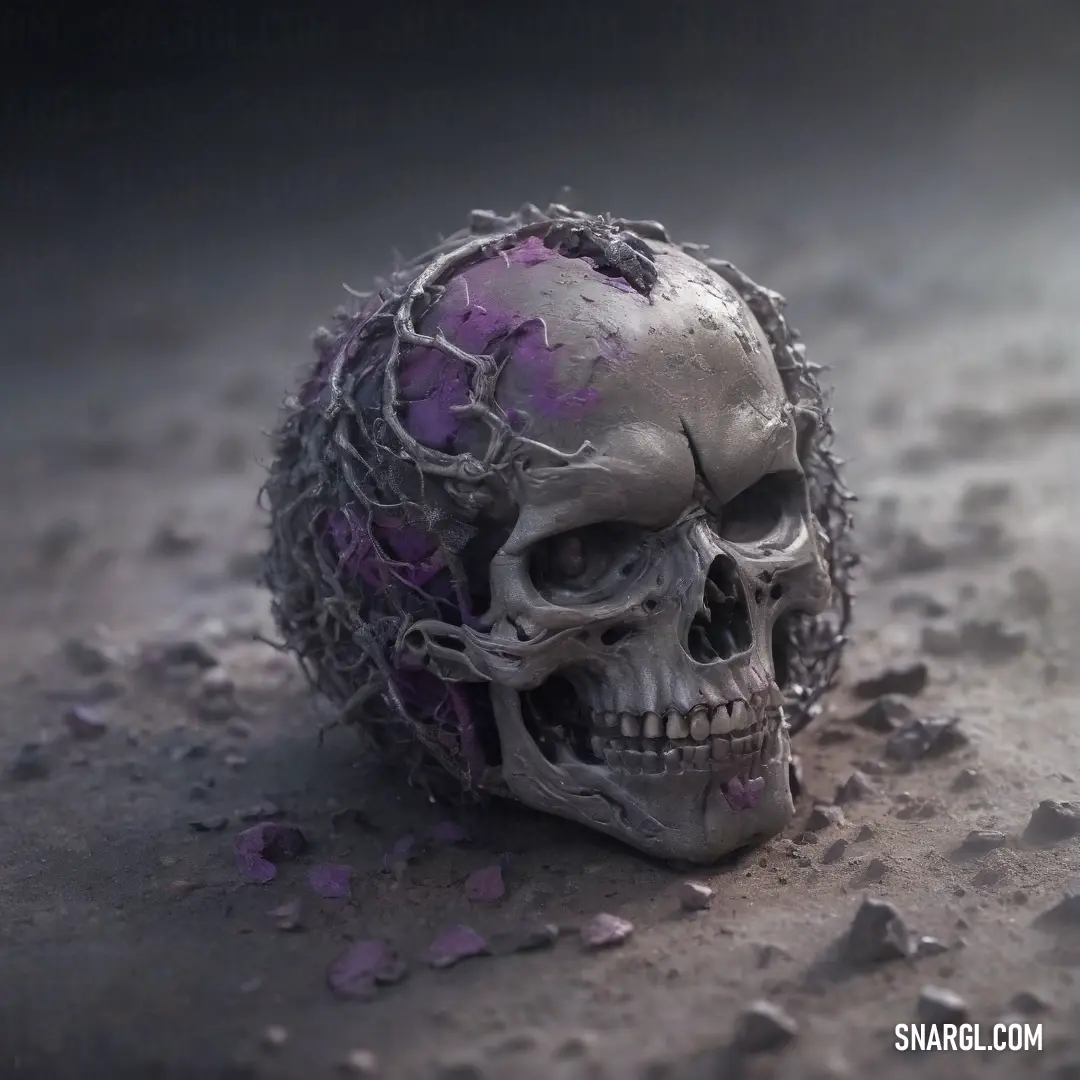 A skull crowned with hair rests on the sand, surrounded by a purple substance that contrasts sharply with the skull’s pale bone color. The scene evokes a sense of eerie tranquility, as the sand and substance create an otherworldly vibe.