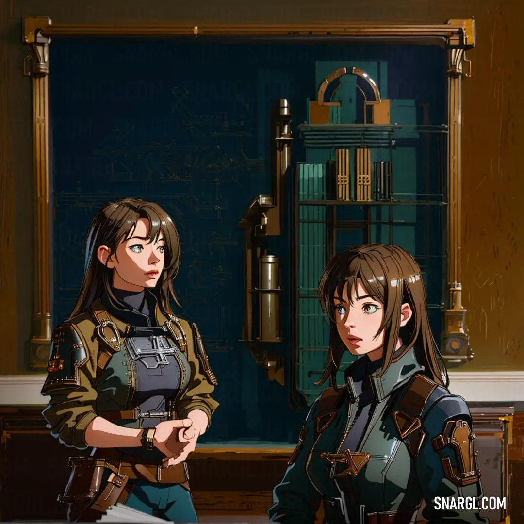 Two women in uniform standing next to each other in a room with a blue wall and a large window. Color RGB 54,69,79.