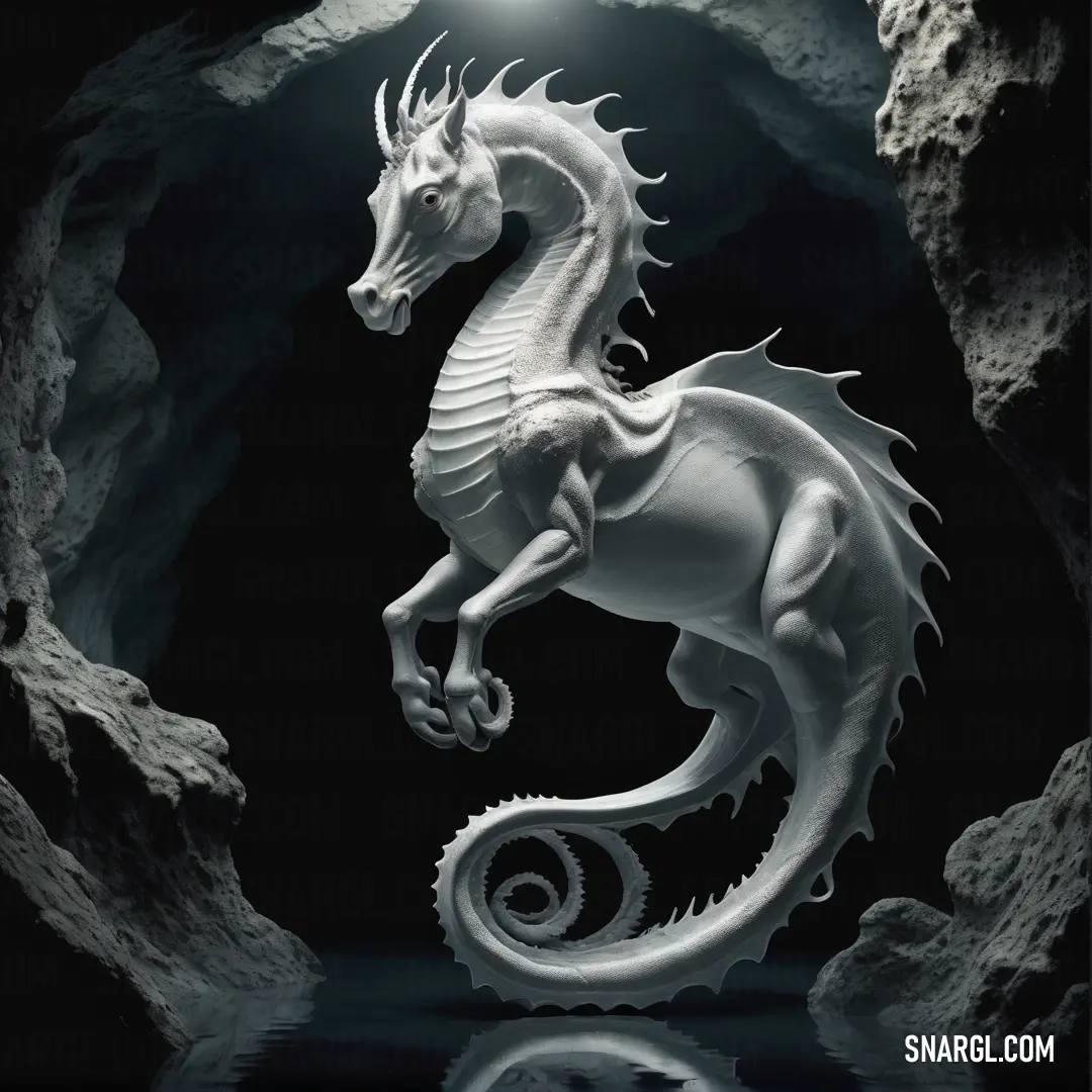 White dragon statue in a cave with a light shining on it's head and tail