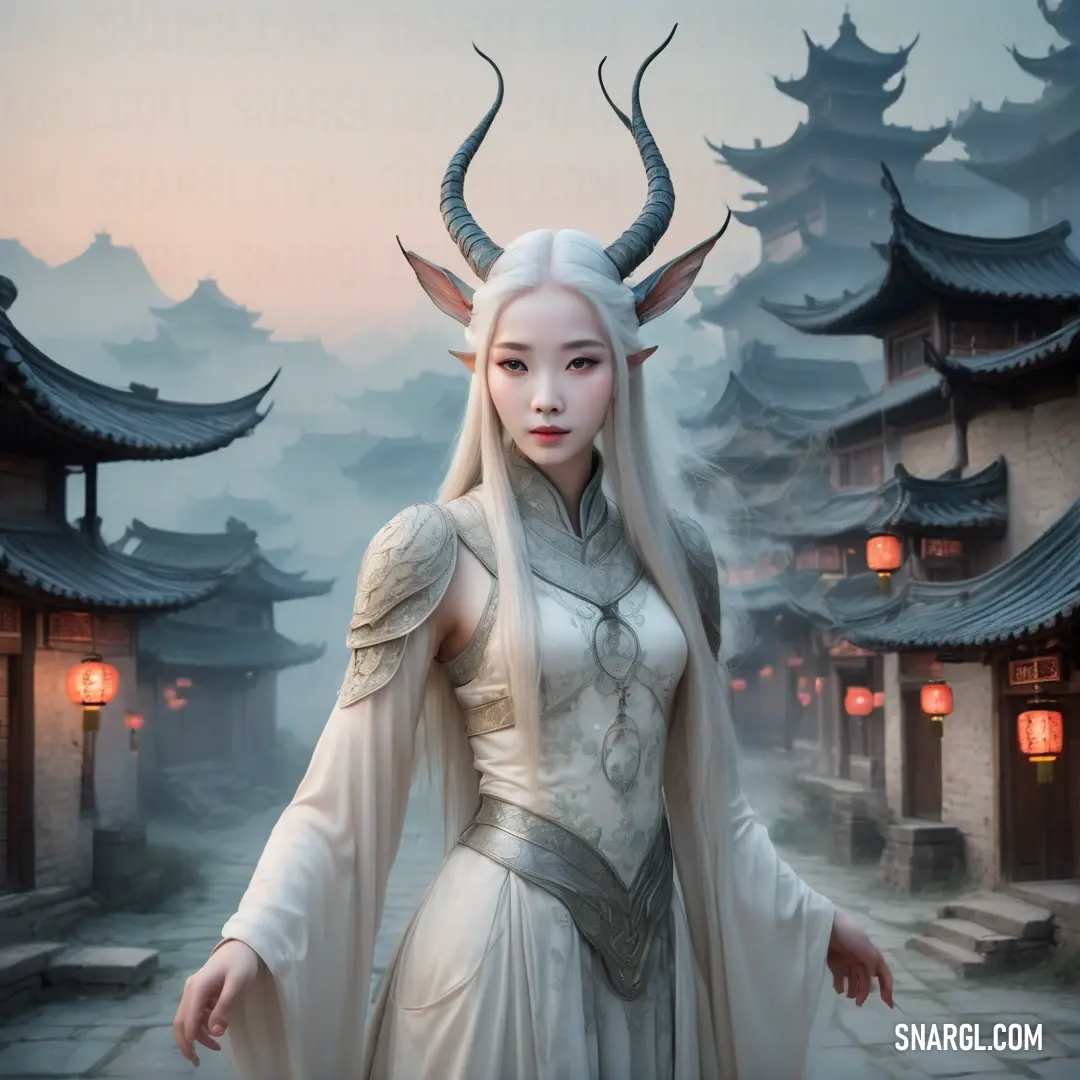 Woman dressed in a white costume with horns and horns on her head standing in front of a building. Color #36454F.