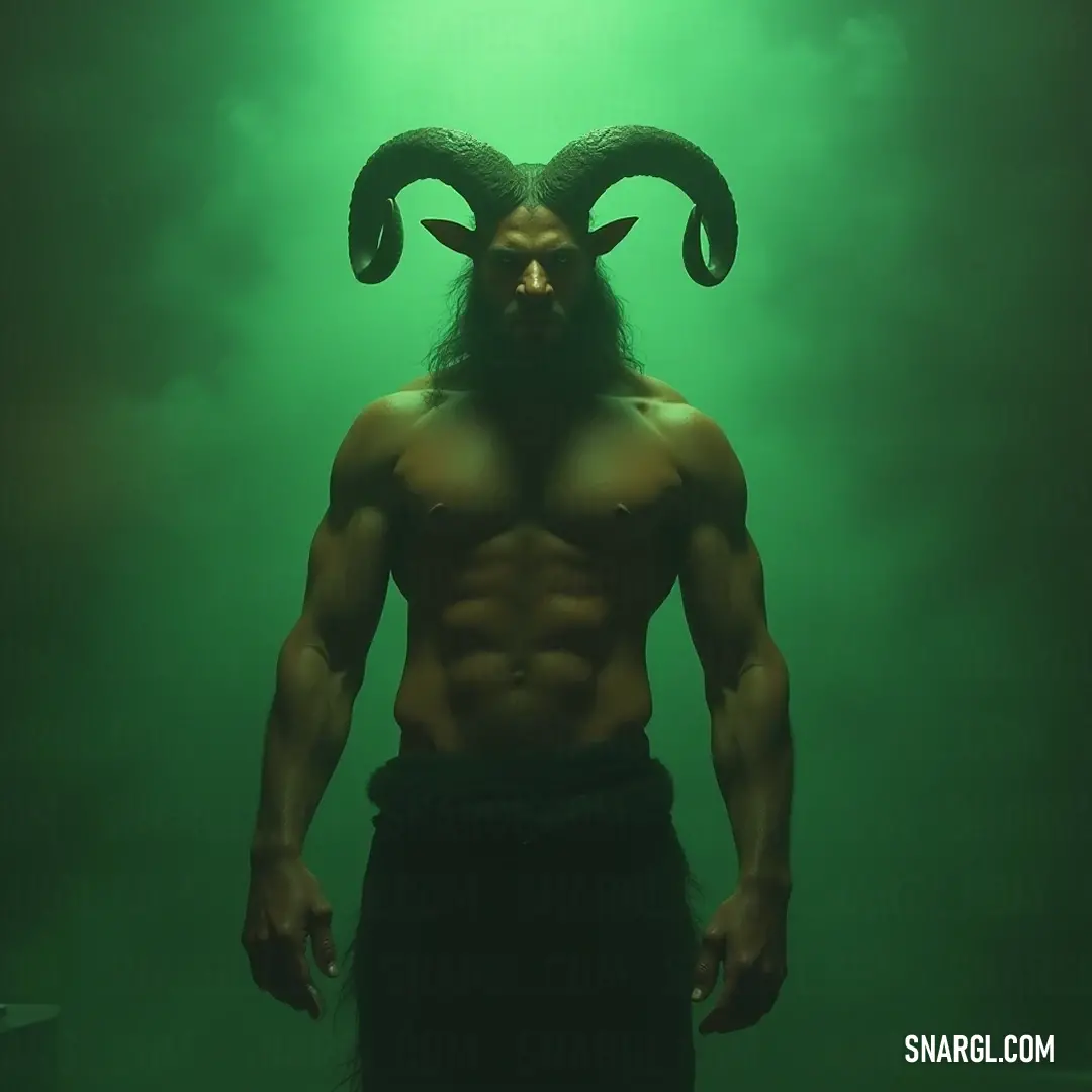A majestic figure named Charnos, adorned with long flowing hair and a pair of magnificent horns, stands confidently in tranquil waters, his eyes closed as he embraces the serenity of his surroundings, exuding an aura of strength and calm.