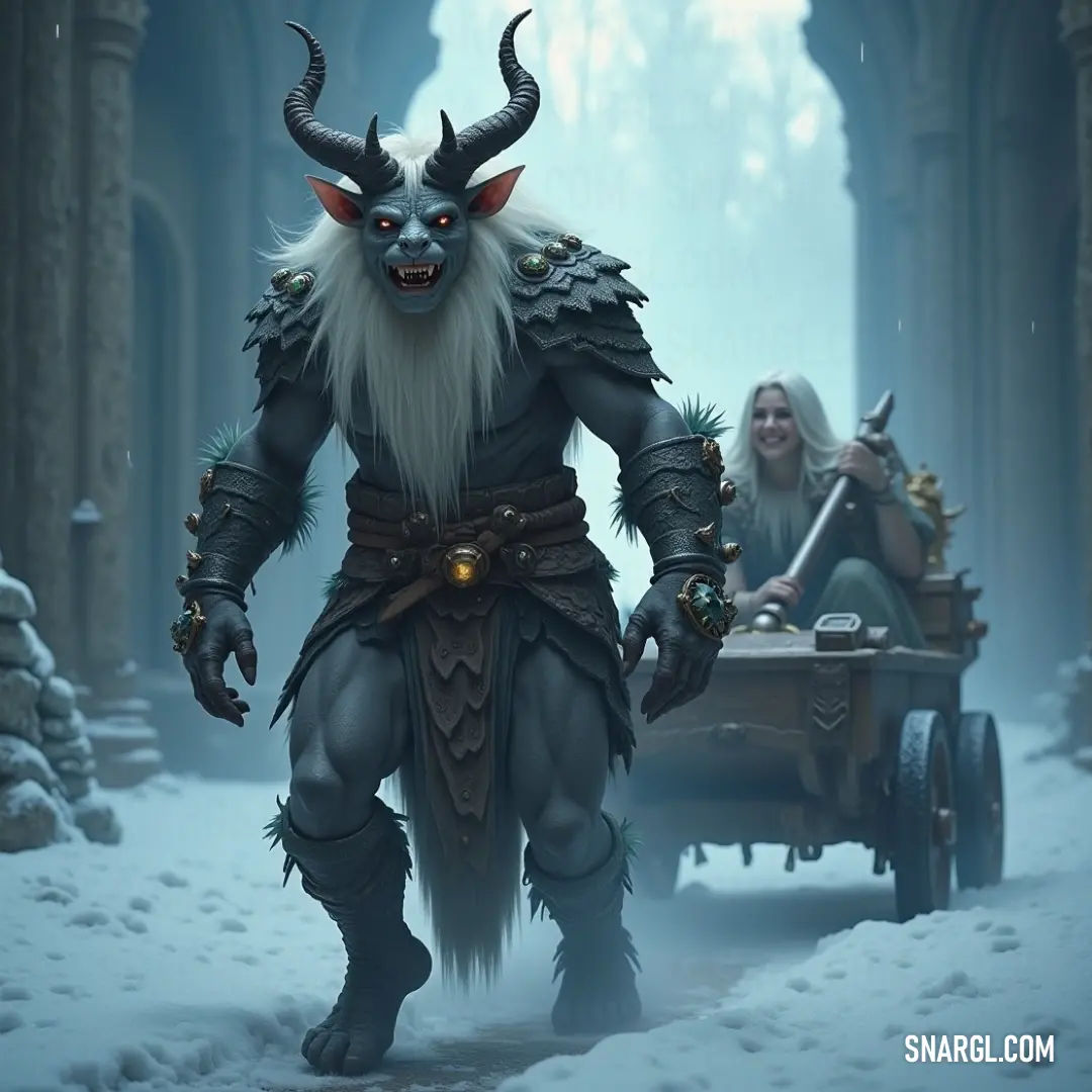 A whimsical scene of a horned costumed figure drawing a cart with Charnos, vividly portrayed against the enchanting, snowy backdrop of a winter forest, evoking a sense of wonder and joy. A man clad in a magnificent horned costume skillfully pulls a cart adorned with a serene Charnos, set against the stunning scenery of a wintry forest, where snow blankets the ground and adds a magical touch to the scene.