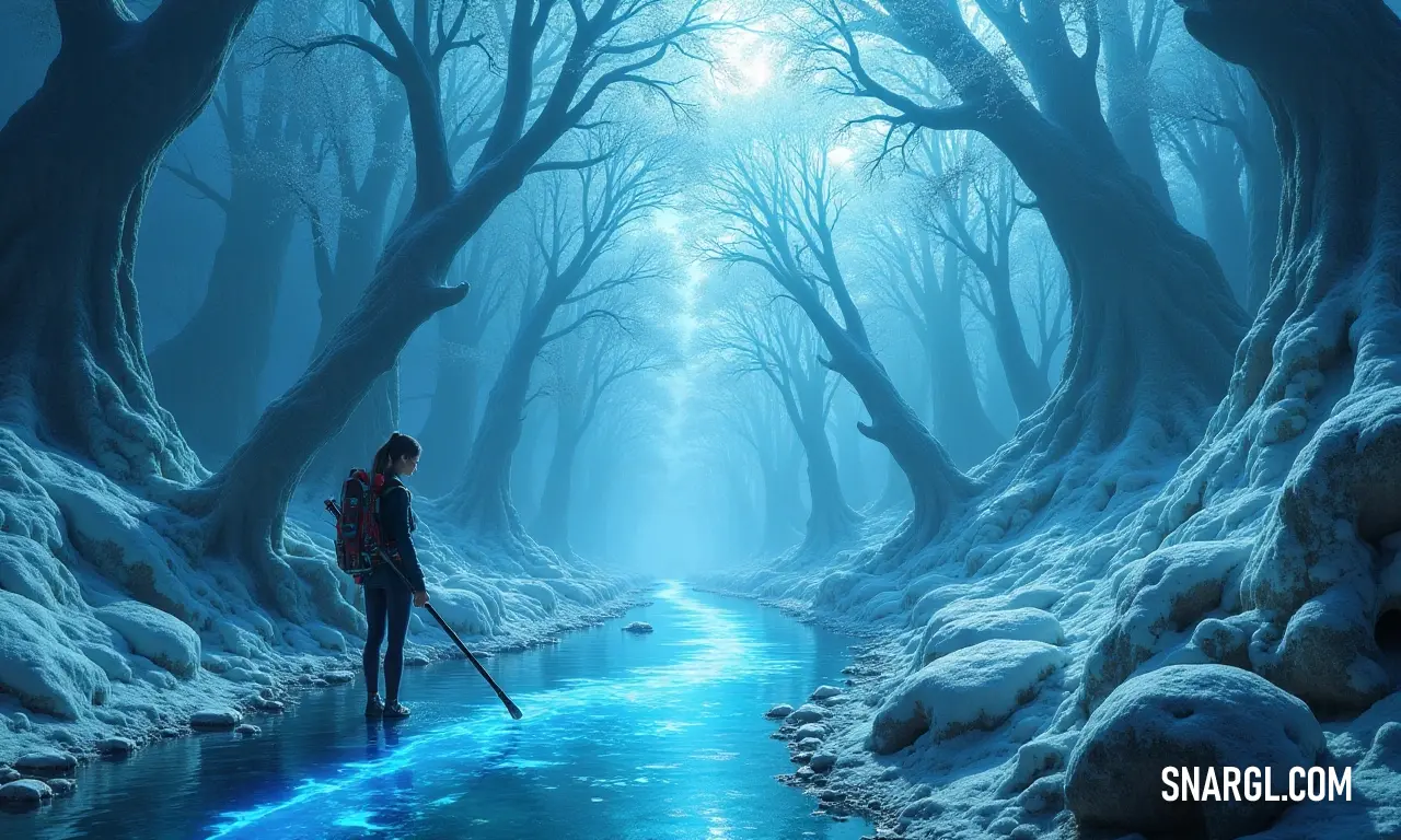 A solitary figure navigates a tranquil snowy forest, holding a long staff, as a serene river flows through the peaceful winter wonderland. In a serene, snowy forest, a figure stands with confidence, grasping a long stick while a gentle river winds its way through the untouched landscape, surrounded by snow-laden trees that whisper the secrets of winter.