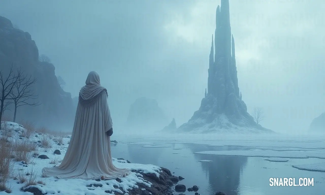 On the edge of a frosty lake, a lone figure contemplates the mysterious castle engulfed in mist, with a towering iceberg accompanying the enigmatic scenery that captivates the imagination. A solitary figure stands on a frozen lake, gazing toward a magnificent castle shrouded in fog, alongside a towering iceberg that creates an awe-inspiring and mystique-filled atmosphere.