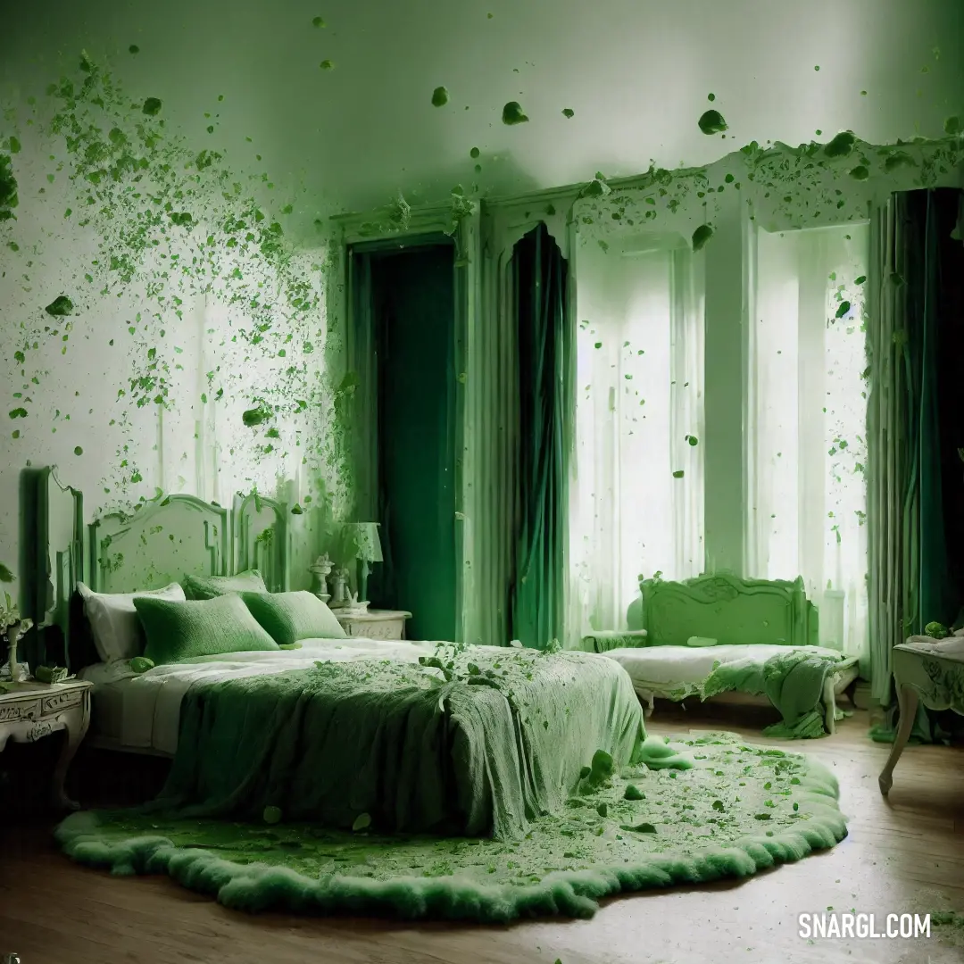 Bedroom with green walls and a bed with a green comforter and pillows on it