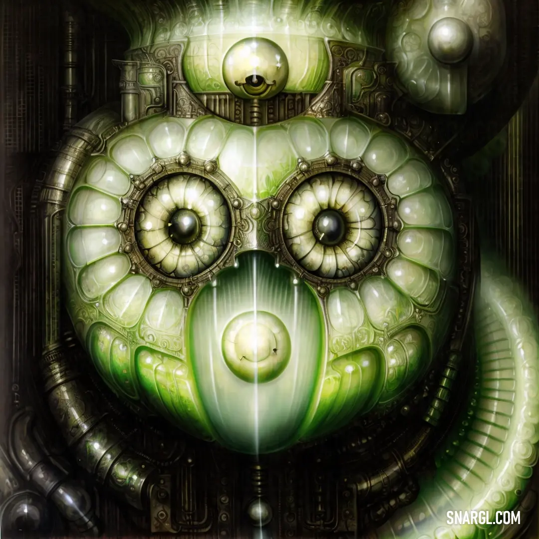 Digital painting of a green creature with big eyes and a strange face with a strange look on its face