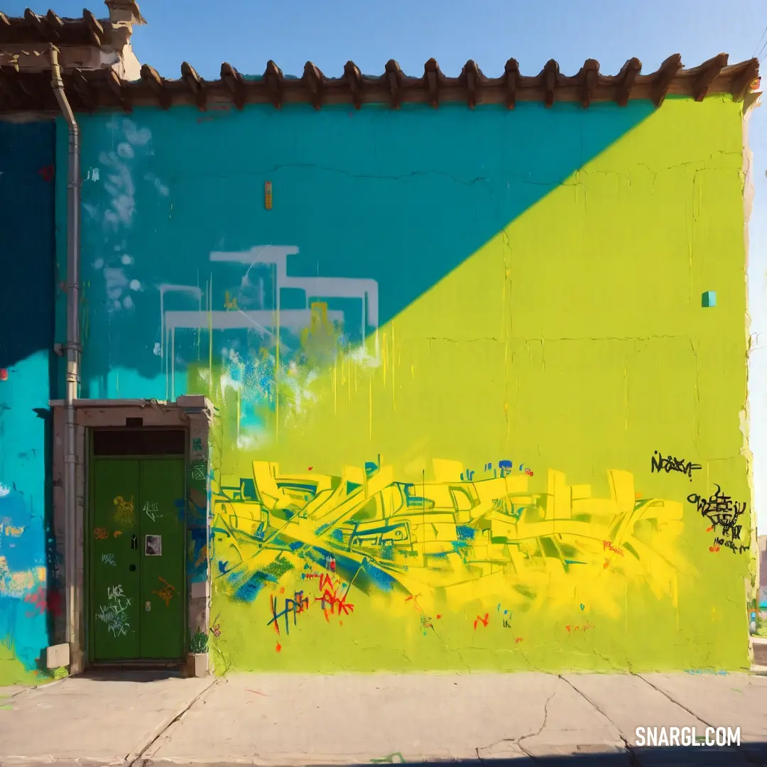 Green door is in front of a yellow wall with graffiti on it and a blue wall