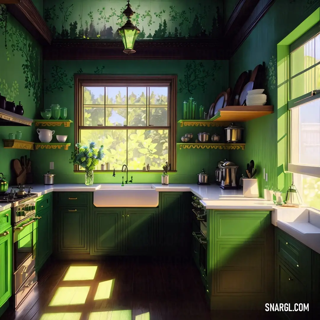 Kitchen with green walls and a window with a green curtain and a sink and stove