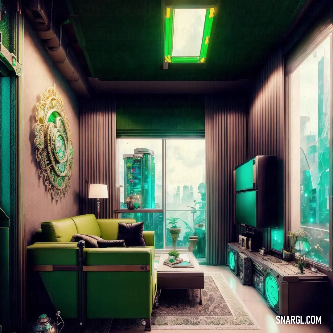 Living room with a green couch and a tv in it's center area and a large window