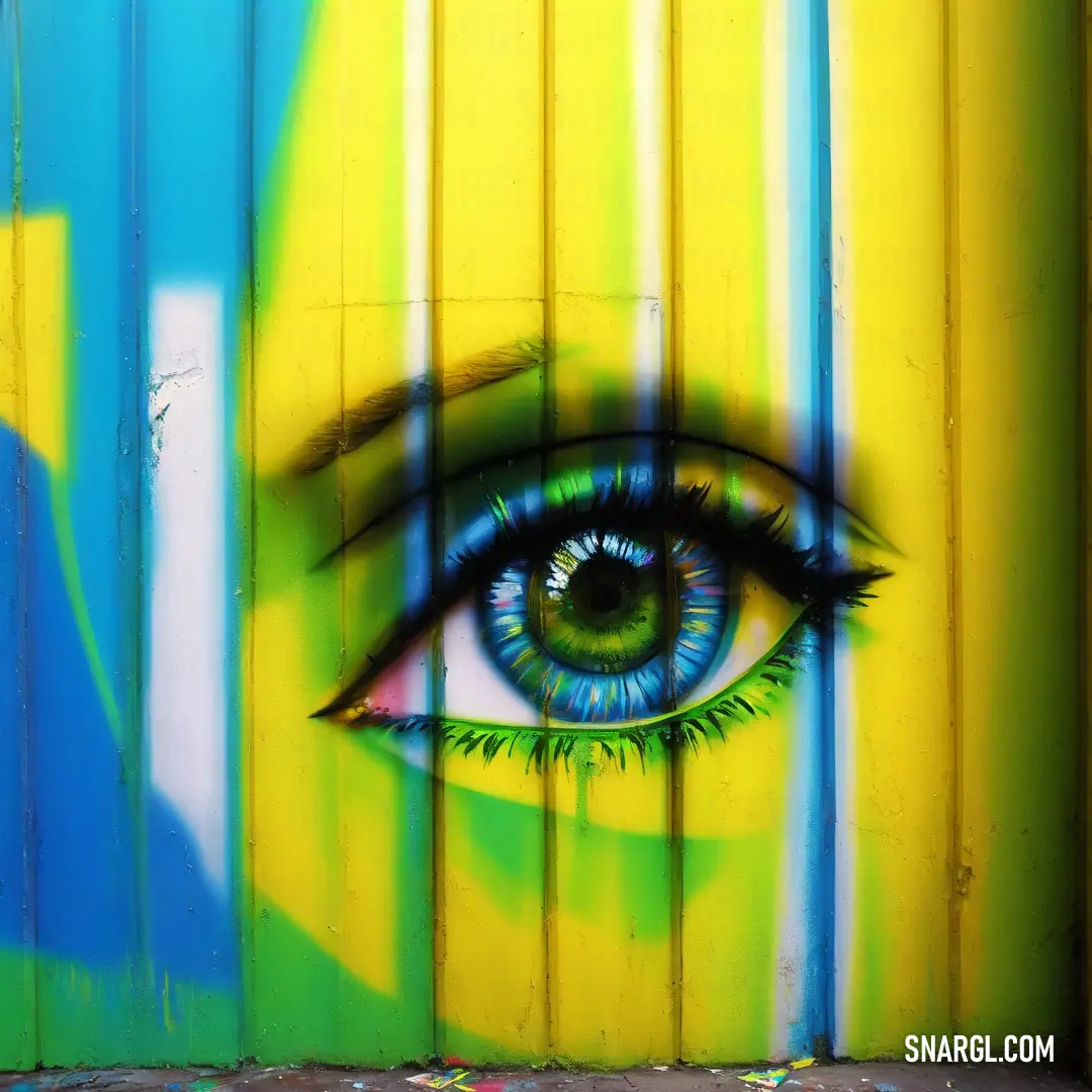 Painting of a blue eye with green and yellow stripes on it's side of a building