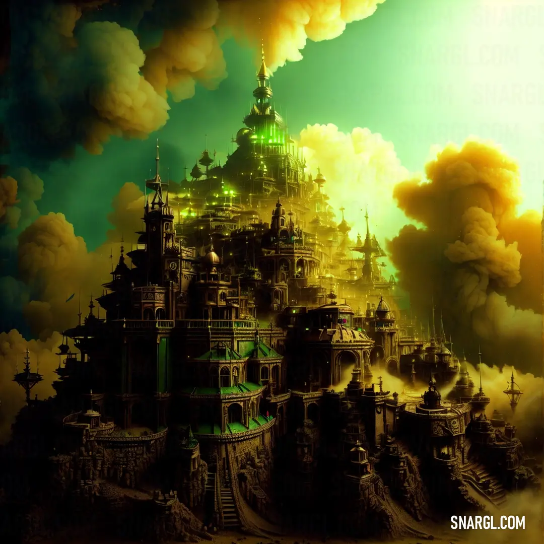 Painting of a castle in the sky with clouds in the background and a green light shining on the top of it