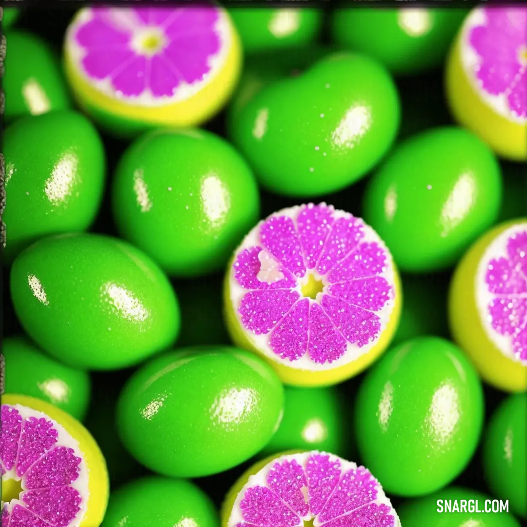 Pile of green and pink fruit with a purple center piece on top of it's fruity skin