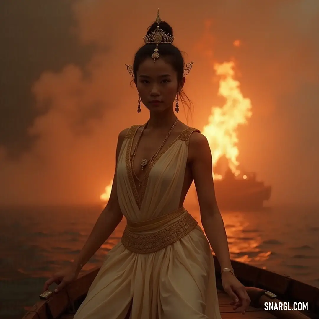 Charushila navigates the fiery skies, her poised figure radiating determination while the vibrant tapestry of colors envelops her like a warm embrace. In a boat afloat under a sky ablaze with hues of red and orange, Charushila's figure emerges, embodying both resilience and grace as firelight dances around her.