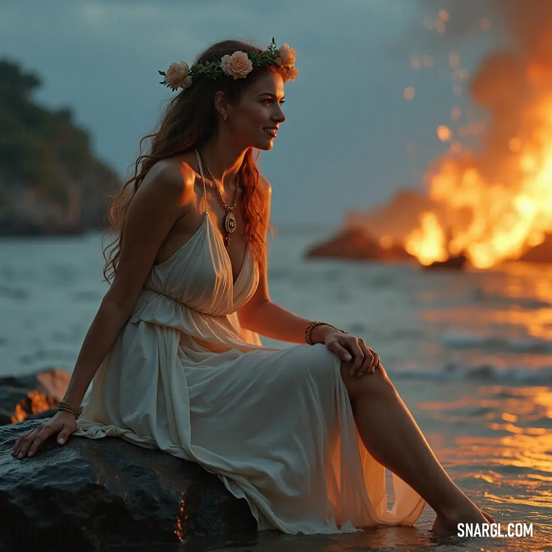 Charybdis, the enchanting figure adorned with a flower crown, on a rock amidst the turbulent waters and flickering flames. A captivating scene of Charybdis perched on a jagged rock, adorned with a vibrant flower crown, as flames flicker in the background against the crashing waves of the sea.