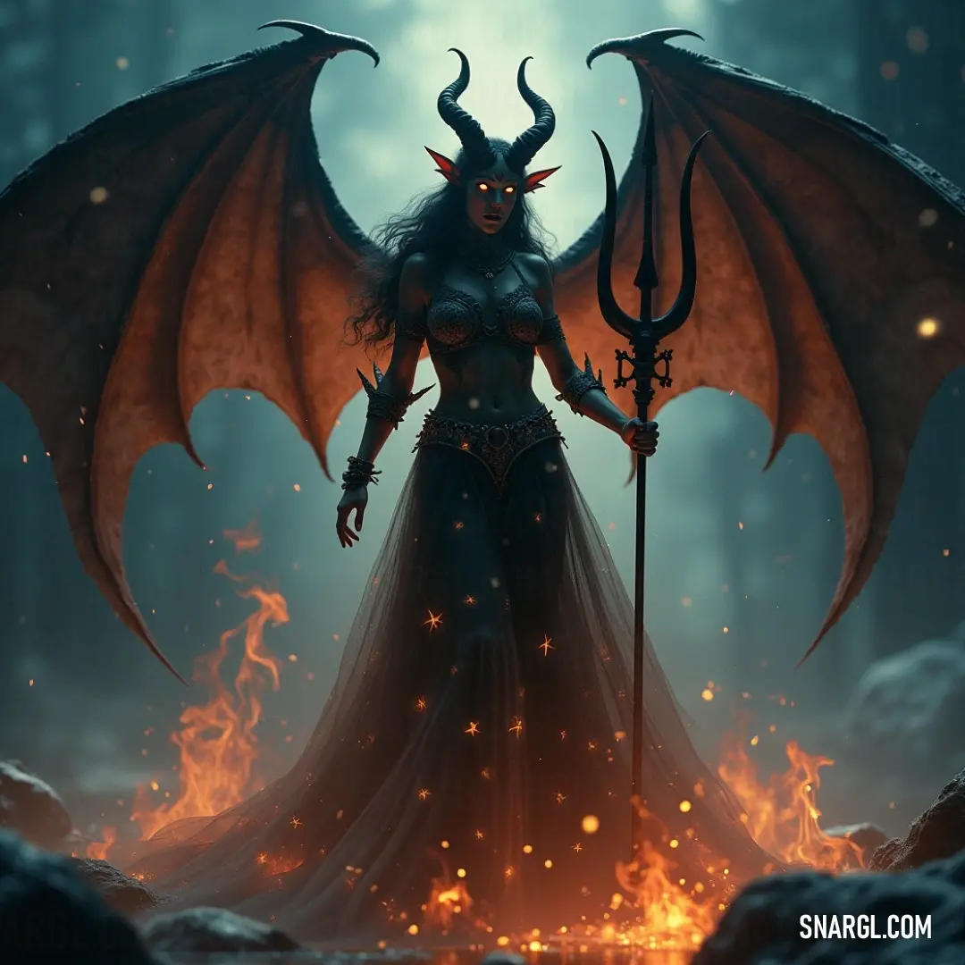 A formidable warrior with a horned visage grips a glistening sword, standing against a backdrop of dark, twisted trees and flickering flames that illuminate her fierce features and warrior spirit.