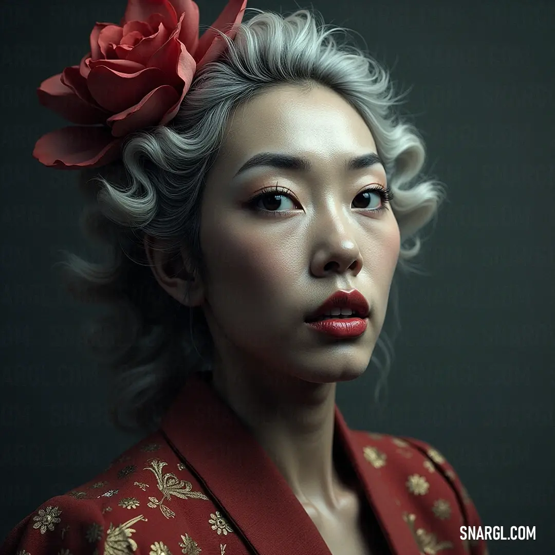 Chaya radiates elegance, her flower-adorned hair complemented by a striking red jacket that stands out against the backdrop, making her a captivating figure of style. With a delicate flower woven into her hair, Chaya exudes elegance in a vibrant red jacket, the subtle contrast creating an intricate portrait of beauty and confidence.