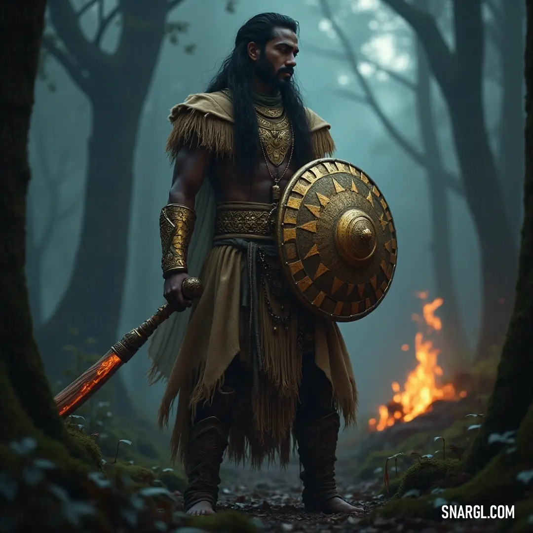 A formidable warrior in detailed armor brandishes a sword and shield, standing resolute in a fiery forest, symbolizing courage amidst the shadows of danger and the rise of epic legends. Amidst a fiery forest backdrop, a formidable figure clad in intricate battle attire brandishes a sword and shield, embodying valor. The intense flames swirl around, enhancing the atmosphere of a legendary showdown against formidable odds.