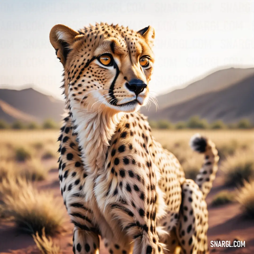 Cheetah in the middle of a desert area with mountains in the background