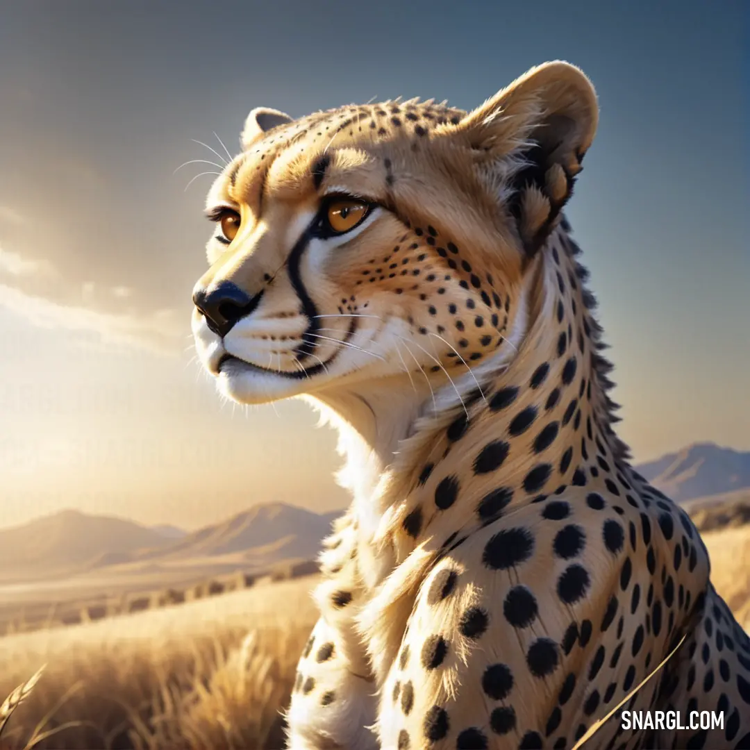 Cheetah is in a field of tall grass and looking at the camera with a sky background