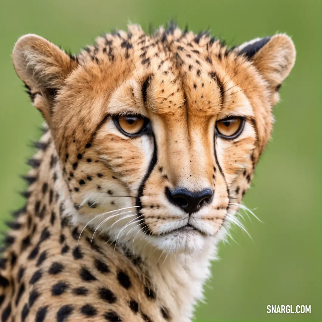 Cheetah is looking at the camera with a green background
