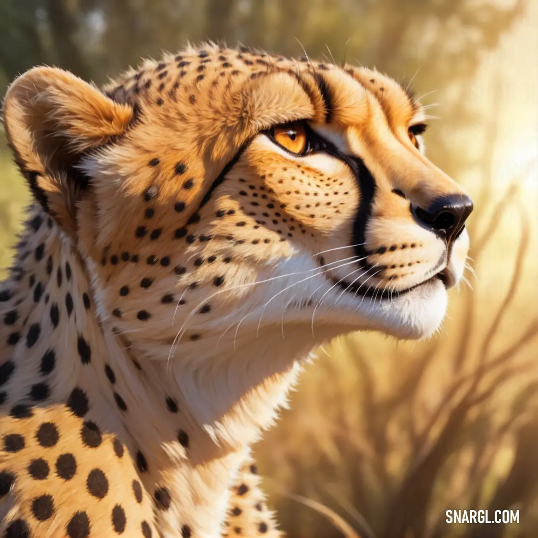 Cheetah is staring at something in the distance with a blurry background