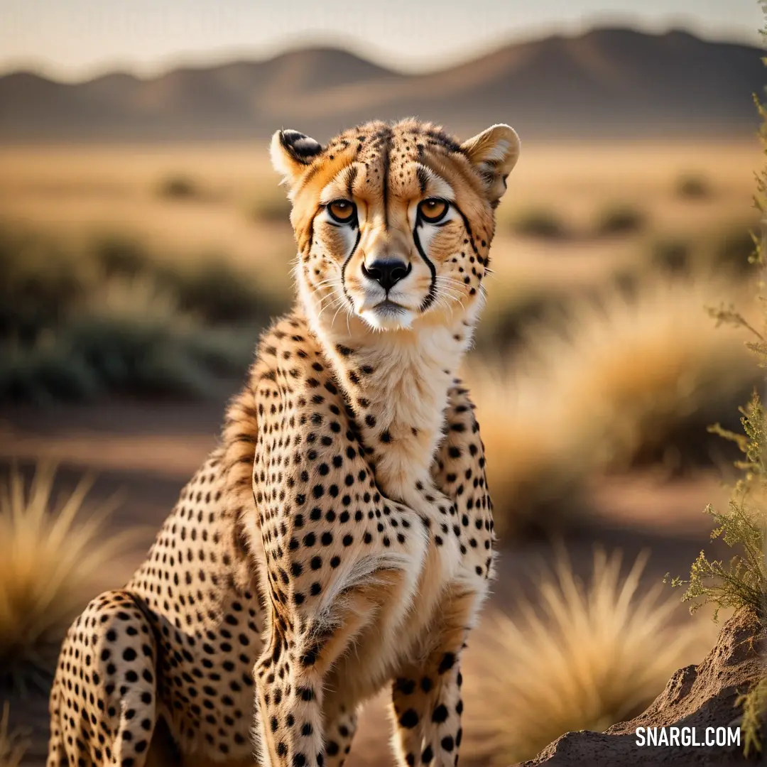 Cheetah on a rock in the desert with mountains in the background