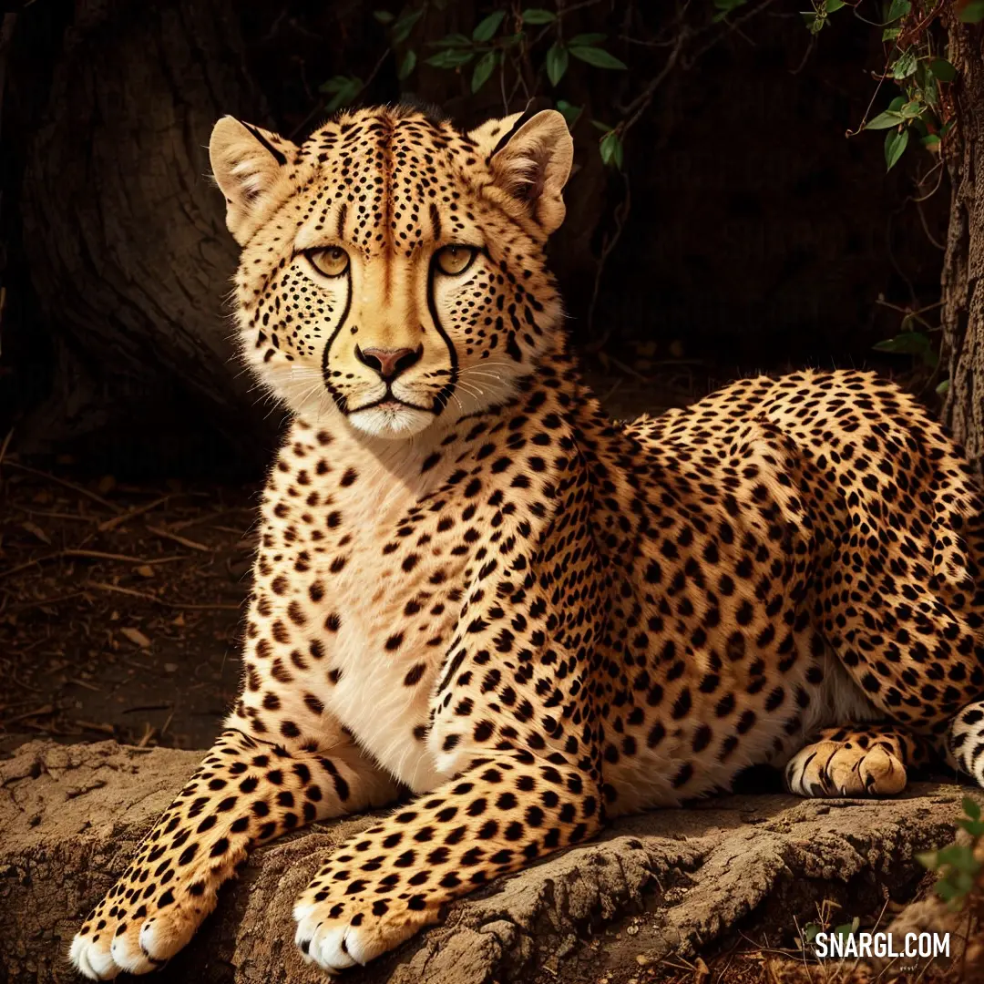 Cheetah on a rock in the shade of a tree trunk and looking at the camera