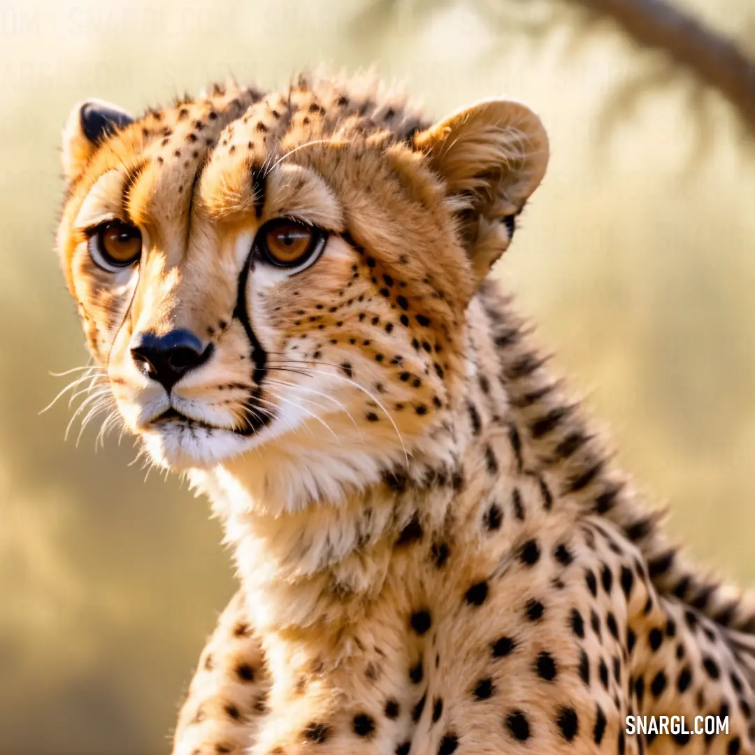 Cheetah on a tree branch looking at the camera with a blurry background