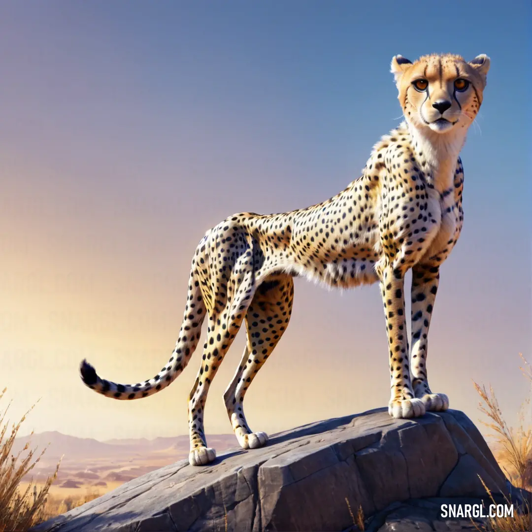 Cheetah standing on a rock in the desert with a sky background