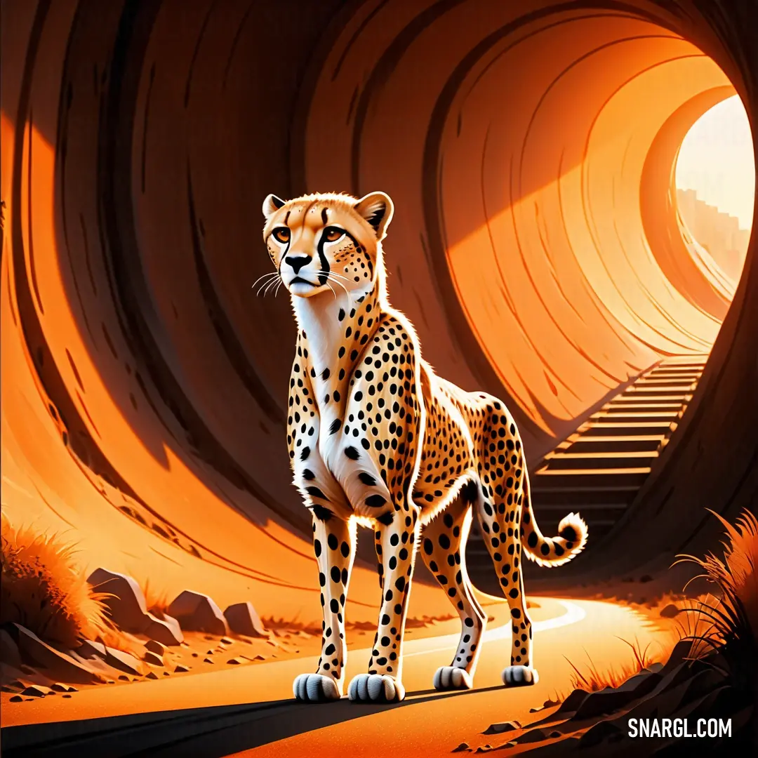 Cheetah standing in a tunnel with a bright light behind it and a background