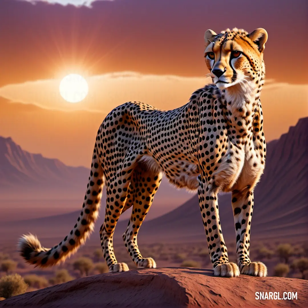 Cheetah standing on a rock in the desert at sunset with mountains in the background