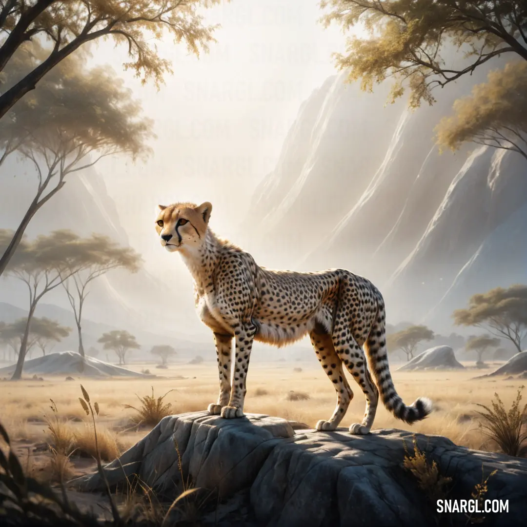 Cheetah standing on a rock in a desert landscape with trees and mountains in the background