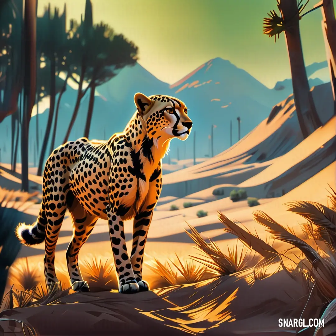 Cheetah standing in the desert with a mountain in the background